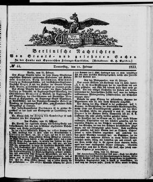 Berlinische Nachrichten von Staats- und gelehrten Sachen on Feb 21, 1833