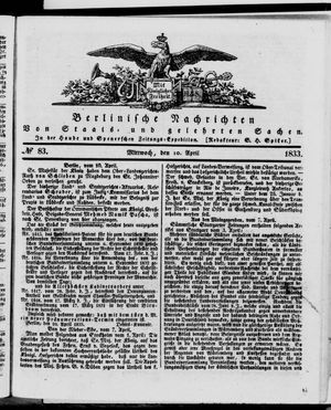 Berlinische Nachrichten von Staats- und gelehrten Sachen vom 10.04.1833