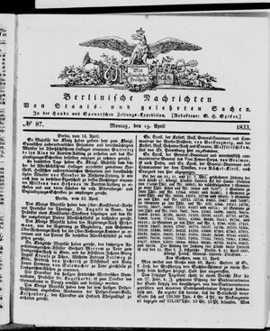 Berlinische Nachrichten von Staats- und gelehrten Sachen vom 15.04.1833