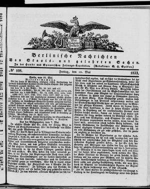 Berlinische Nachrichten von Staats- und gelehrten Sachen on May 10, 1833