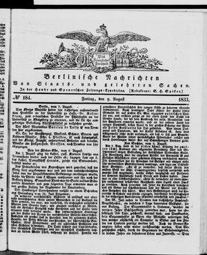 Berlinische Nachrichten von Staats- und gelehrten Sachen vom 09.08.1833