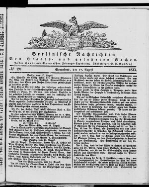Berlinische Nachrichten von Staats- und gelehrten Sachen vom 17.08.1833