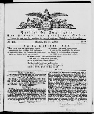 Berlinische Nachrichten von Staats- und gelehrten Sachen vom 15.10.1833