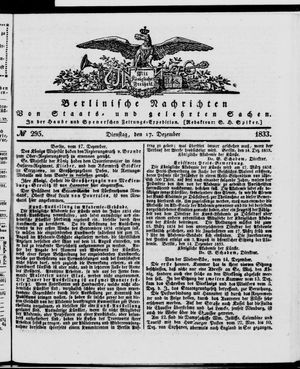 Berlinische Nachrichten von Staats- und gelehrten Sachen vom 17.12.1833