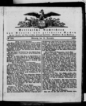 Berlinische Nachrichten von Staats- und gelehrten Sachen vom 18.09.1839