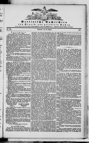 Berlinische Nachrichten von Staats- und gelehrten Sachen on Aug 14, 1867