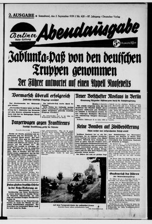 Berliner Volkszeitung vom 02.09.1939