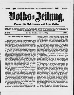 Volks-Zeitung vom 21.03.1854