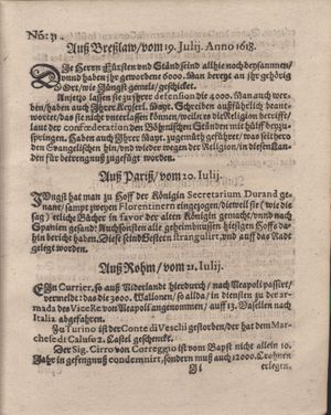 Bericht was sich zu anfang dieß itzt angehenden ... Jahres in Deutschlandt, Franckreich, Welschlandt, Böhmen, Ungern, Nederlandt und in andern örten hin unnd wieder zugetragen vom 13.08.1618