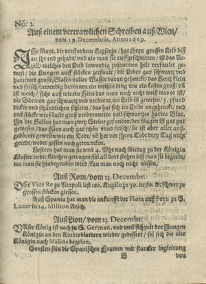 Zeitung auß Deutschlandt, Welschlandt, Franckreich, Böhmen, Hungarn, Niederlandt und andern Orten vom 21.01.1619