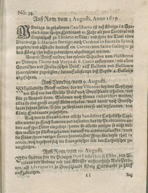 Zeitung auß Deutschlandt, Welschlandt, Franckreich, Böhmen, Hungarn, Niederlandt und andern Orten vom 02.09.1619