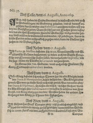 Zeitung auß Deutschlandt, Welschlandt, Franckreich, Böhmen, Hungarn, Niederlandt und andern Orten vom 09.09.1619