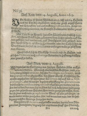 Zeitung auß Deutschlandt, Welschlandt, Franckreich, Böhmen, Hungarn, Niederlandt und andern Orten vom 16.09.1619
