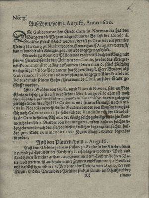 Zeitung auß Deutschlandt, Welschlandt, Franckreich, Böhmen, Hungarn, Niederlandt und andern Orten on Aug 24, 1620