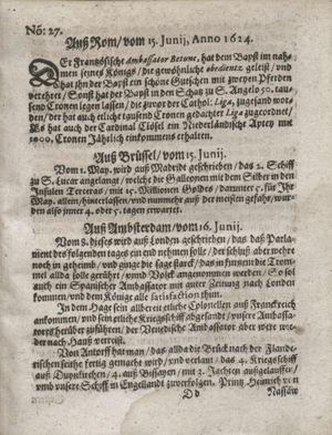 Zeitung so im ... Jahr von Wochen zu Wochen colligirt und zusammen getragen worden on Jul 15, 1624