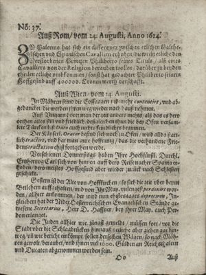 Zeitung so im ... Jahr von Wochen zu Wochen colligirt und zusammen getragen worden vom 23.09.1624