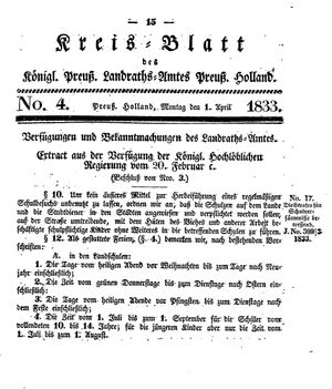 Kreisblatt des Königl. Preuss. Landraths-Amtes Preuss. Holland vom 01.04.1833