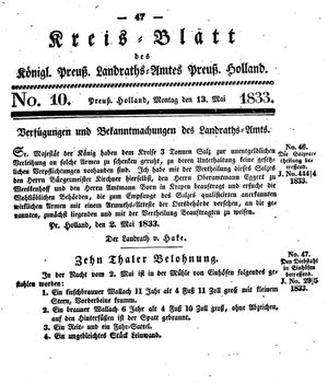 Kreisblatt des Königl. Preuss. Landraths-Amtes Preuss. Holland vom 13.05.1833