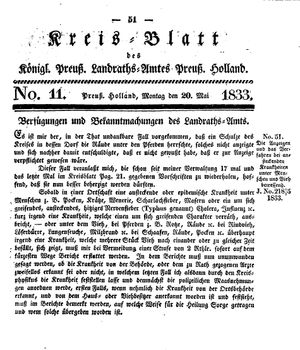 Kreisblatt des Königl. Preuss. Landraths-Amtes Preuss. Holland vom 20.05.1833