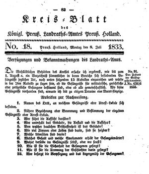 Kreisblatt des Königl. Preuss. Landraths-Amtes Preuss. Holland vom 08.07.1833