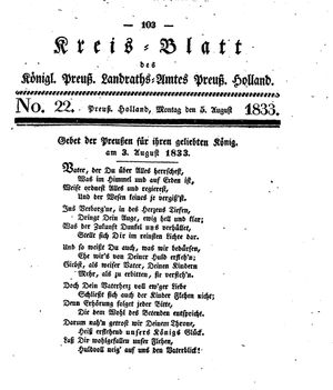 Kreisblatt des Königl. Preuss. Landraths-Amtes Preuss. Holland vom 05.08.1833