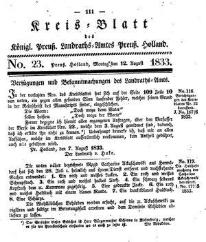 Kreisblatt des Königl. Preuss. Landraths-Amtes Preuss. Holland vom 12.08.1833