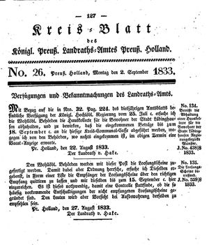 Kreisblatt des Königl. Preuss. Landraths-Amtes Preuss. Holland vom 02.09.1833
