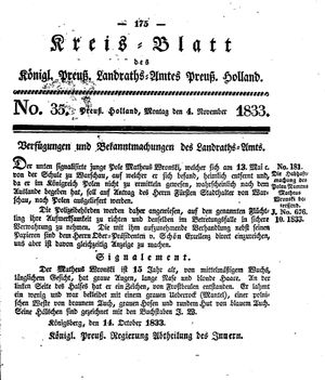 Kreisblatt des Königl. Preuss. Landraths-Amtes Preuss. Holland vom 04.11.1833
