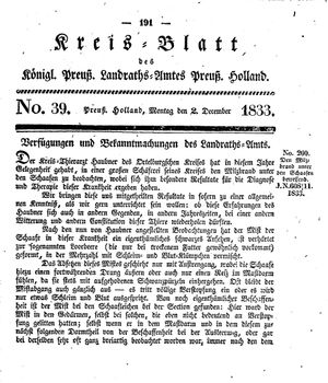 Kreisblatt des Königl. Preuss. Landraths-Amtes Preuss. Holland on Dec 2, 1833