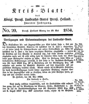 Kreisblatt des Königl. Preuss. Landraths-Amtes Preuss. Holland vom 19.05.1834