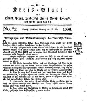 Kreisblatt des Königl. Preuss. Landraths-Amtes Preuss. Holland vom 26.05.1834