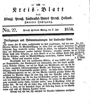 Kreisblatt des Königl. Preuss. Landraths-Amtes Preuss. Holland vom 07.07.1834