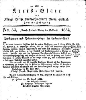 Kreisblatt des Königl. Preuss. Landraths-Amtes Preuss. Holland vom 25.08.1834