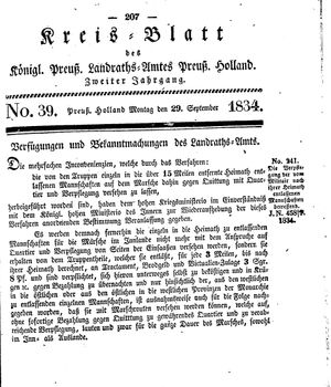 Kreisblatt des Königl. Preuss. Landraths-Amtes Preuss. Holland vom 29.09.1834