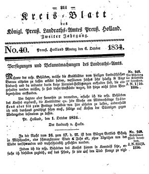 Kreisblatt des Königl. Preuss. Landraths-Amtes Preuss. Holland on Oct 6, 1834
