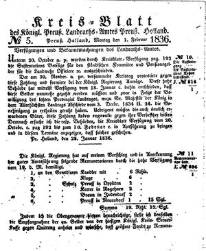 Kreisblatt des Königl. Preuss. Landraths-Amtes Preuss. Holland vom 01.02.1836
