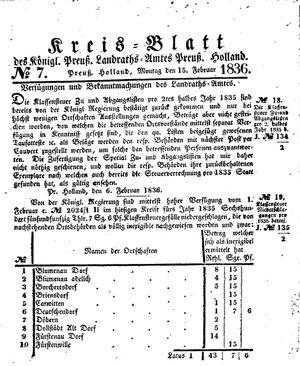 Kreisblatt des Königl. Preuss. Landraths-Amtes Preuss. Holland vom 15.02.1836