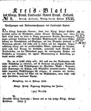 Kreisblatt des Königl. Preuss. Landraths-Amtes Preuss. Holland vom 22.02.1836