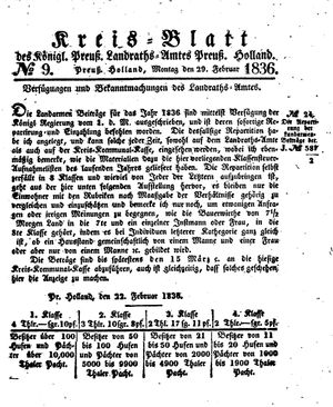 Kreisblatt des Königl. Preuss. Landraths-Amtes Preuss. Holland vom 29.02.1836