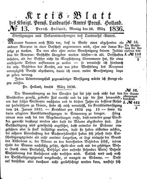 Kreisblatt des Königl. Preuss. Landraths-Amtes Preuss. Holland vom 28.03.1836