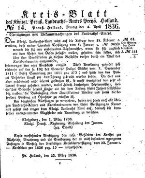 Kreisblatt des Königl. Preuss. Landraths-Amtes Preuss. Holland vom 04.04.1836