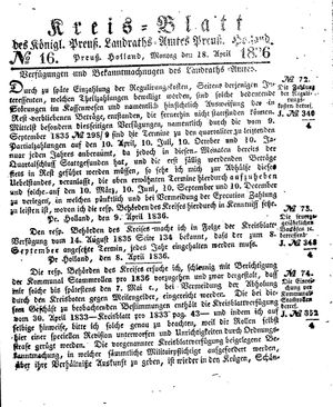 Kreisblatt des Königl. Preuss. Landraths-Amtes Preuss. Holland vom 18.04.1836