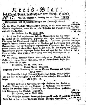 Kreisblatt des Königl. Preuss. Landraths-Amtes Preuss. Holland vom 25.04.1836