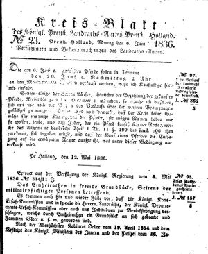 Kreisblatt des Königl. Preuss. Landraths-Amtes Preuss. Holland vom 06.06.1836