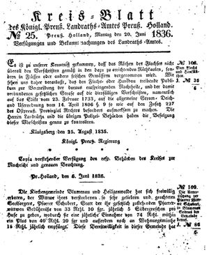 Kreisblatt des Königl. Preuss. Landraths-Amtes Preuss. Holland vom 20.06.1836