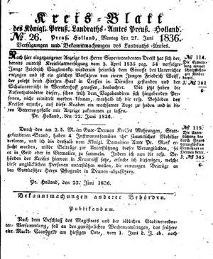 Kreisblatt des Königl. Preuss. Landraths-Amtes Preuss. Holland vom 27.06.1836