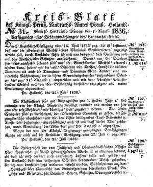 Kreisblatt des Königl. Preuss. Landraths-Amtes Preuss. Holland vom 01.08.1836