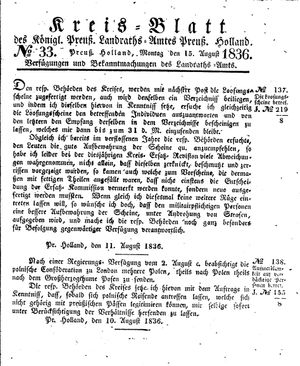 Kreisblatt des Königl. Preuss. Landraths-Amtes Preuss. Holland vom 15.08.1836