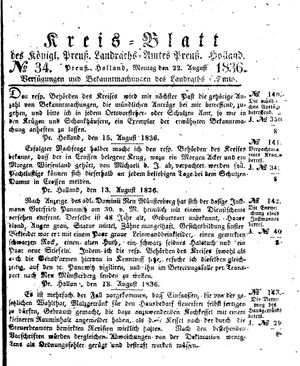 Kreisblatt des Königl. Preuss. Landraths-Amtes Preuss. Holland vom 22.08.1836
