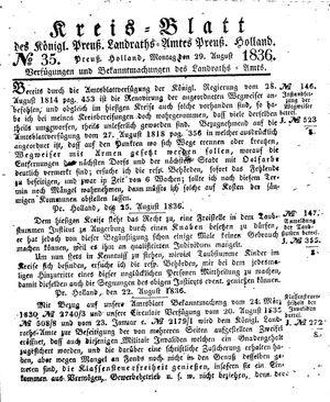 Kreisblatt des Königl. Preuss. Landraths-Amtes Preuss. Holland vom 29.08.1836